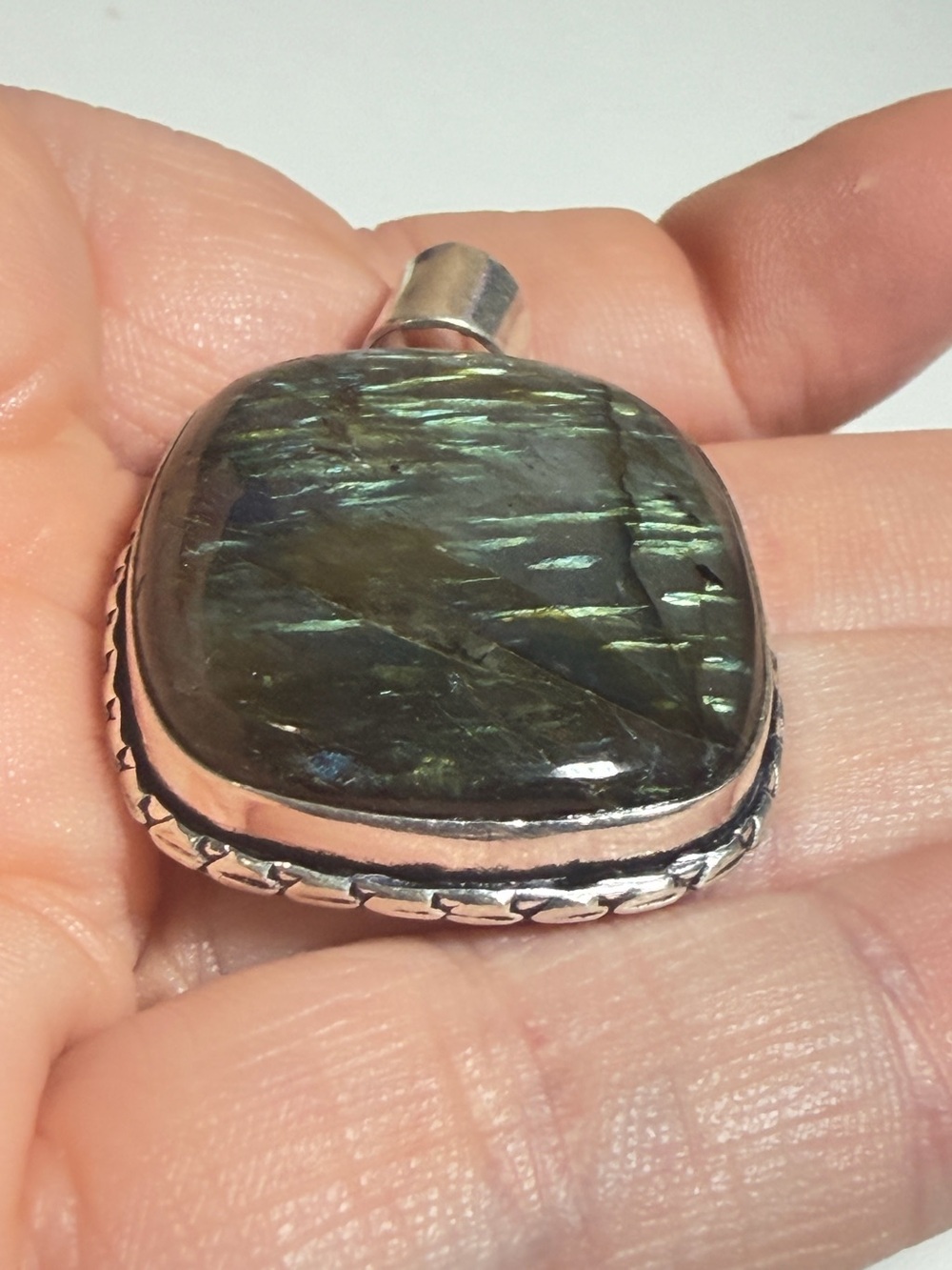 Labradorite Pendant | Teal Green Flash | Organic Rectangle | 2 Inches - Picture 7 of 9